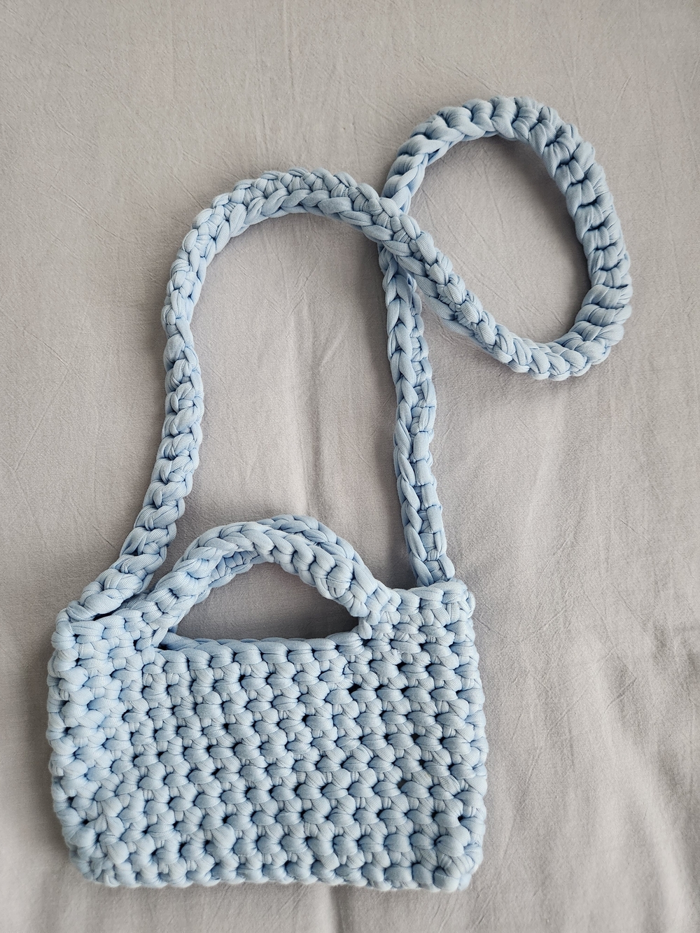 Hand Crocheted Light Blue Chunky Mini Crossbody Bag - T shirt Yarn